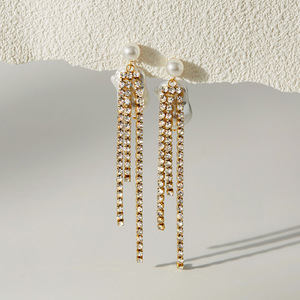 Minimalist Long Huggie Tennis Earrings Crystal Rhinestone Baroque Pearl Earrings <strong>Stainless</strong> <strong>Steel</strong> Earrings for Women - Product Image 1