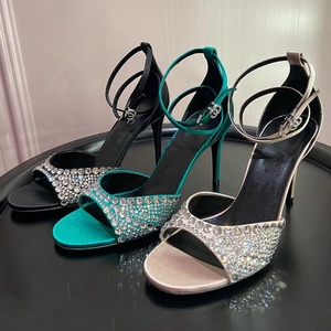 Sandales à talons hauts pour femmes Bling Diamonds, talons aiguilles, bout ouvert, en soie, avec strass, chaussures de soirée pour femmes - Product Image 6