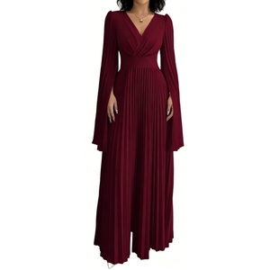 เดรสยาวทรงพลีทสำหรับผู้หญิง คอวี แขนยาว เอวสูง ทรงพลิ้วไหว ชุดราตรีออกงาน แฟชั่น - Product Image 1