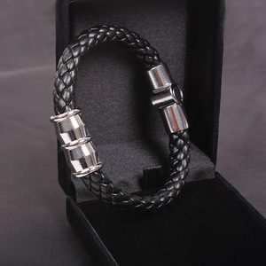Men's Titanium Steel <b>Bracelet</b> Black Braided <b>Leather</b> Punk Style Fashion Wrap <b>Bracelet</b> - Product Image 3