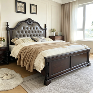 Traditional Queen Size Upholstered Wood Bed with Storage <b>Box</b> Spring Frame Mahogany Finish Soft Fabric Headboard - Product Image 6