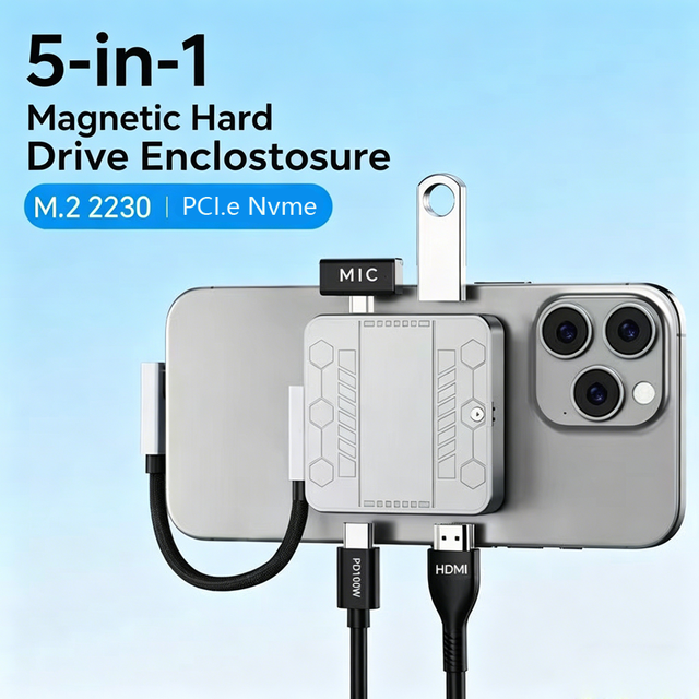 M.2 NVME Ssd Enclosure 2230 Nvme Ssd Enclosure with 5 in 1 Type C Hub HD 4K60hz PD 100W Magnetic Usb Hub Aluminum