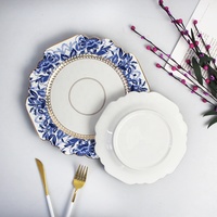 6 assiettes de table en porcelaine, os fin, décoration de haute qualité, assiettes de chargeur en céramique, bleu fleur, pour mariage, vente en gros