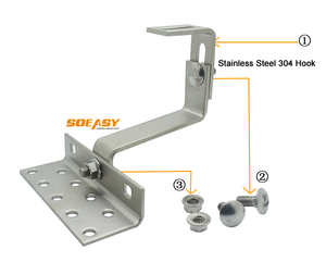 SOEASY <span class=keywords><strong>Crochet</strong></span> de fixation solaire en acier inoxydable SUS304 pour <span class=keywords><strong>toiture</strong></span>, réglable, installation rapide, universel pour tuiles romaines et plates, support PV pré-assemblé - Product Image 2