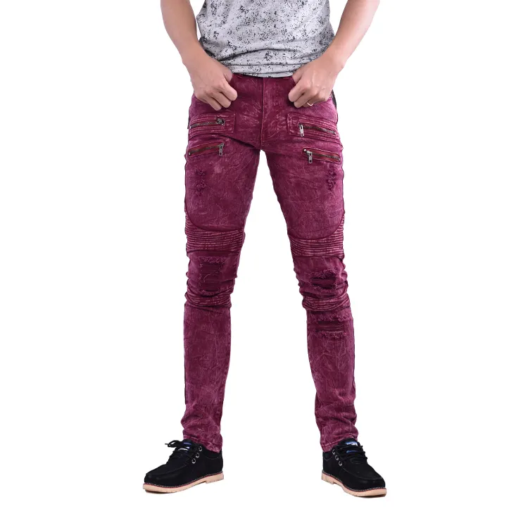 High品質Custom Fashion Skinny Broken Patch MenのBiker Jeans Hip Hop ZipperズボンJapanese Style