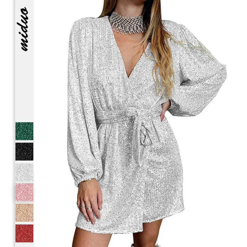 Sexy Long Sleeve Glitter Lace Sparkly Twinkling Elegant Women Evening Party Sequin Dress