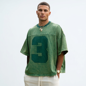 T-shirt en coton vert surdimensionné personnalisé à manches courtes et col rond avec impression du numéro 3, vêtement décontracté - Product Image 1