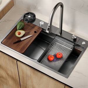 <b>Kitchen</b> Sink 304 Stainless Steel Handmade Thickened Textured Anti-Scratch Double <b>Step</b> Waterfall Pull-Out Faucet - Product Image 1