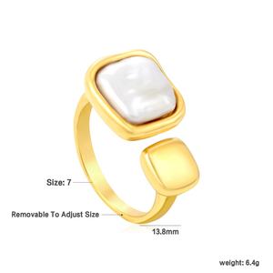 Bagues en acier inoxydable plaqué or 18 carats avec pierre naturelle, design géométrique ouvert double carré, bijoux étanches, bagues ajustables pour femmes - Product Image 2