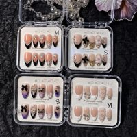 Ongles à presser 3D faits main, courbe amande moyenne française, à changement rapide, couvrance totale, en PMMA, portables et réutilisables, 10 pièces