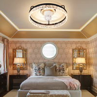 Ventilateur de plafond LED moderne de luxe à profil bas, 3 couleurs, intensité variable, avec moteur DC intelligent, contrôle par application et télécommande, et lustre en cristal