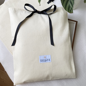Factory Custom Logo Size Cotton Dust Bag Natural Cotton Clothes <b>Gift</b> Packing Bag with Woven Label and Ribbon - Product Image 5