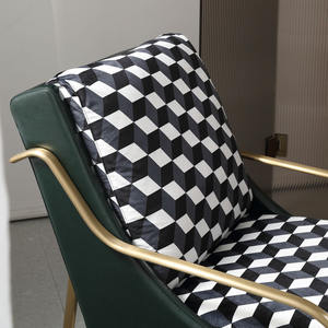 Fauteuil individuel en velours vert foncé avec tissu à carreaux noir et blanc, fauteuil de salon, chaise de salon avec rembourrage en mousse souple - Product Image 4