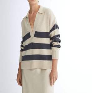 Maglione Polo <span class=keywords><strong>a</strong></span> <span class=keywords><strong>Righe</strong></span> con Scollo <span class=keywords><strong>a</strong></span> V per <span class=keywords><strong>Donna</strong></span>, 100% <span class=keywords><strong>Cotone</strong></span>, Lavorazione <span class=keywords><strong>a</strong></span> <span class=keywords><strong>Maglia</strong></span>, Stile Oversize, Autunno-Inverno 2026, Produzione OEM ODM Personalizzata - Product Image 3