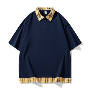 เสื้อยืดโอเวอร์ไซส์สีน้ำเงินกรมท่าสำหรับผู้ชาย แต่งขอบลายสก็อตสีเหลือง แขนสั้น สไตล์ลำลอง ผ้าถัก 100% คอตตอน ดีไซน์คอกลม - Product Image 5