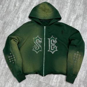 Sweat à capuche oversize à imprimé sérigraphique, effet délavé, avec fermeture éclair, en molleton français, avec strass, effet délavé à l'acide - Product Image 1