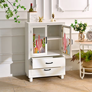 INNOVA White Wooden Farmhouse Modern Durable Storage Drawers Sideboard Cabinet Glass Door Home Accent <b>Furniture</b> Living Room - Product Image 2