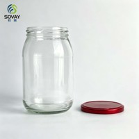 Stoples Kaca Bulat Tebal Berat 850ml, Stoples Bening Aman untuk Makanan dengan Tutup Ulir untuk Penyimpanan Saus dan Buah, Pesanan Grosir