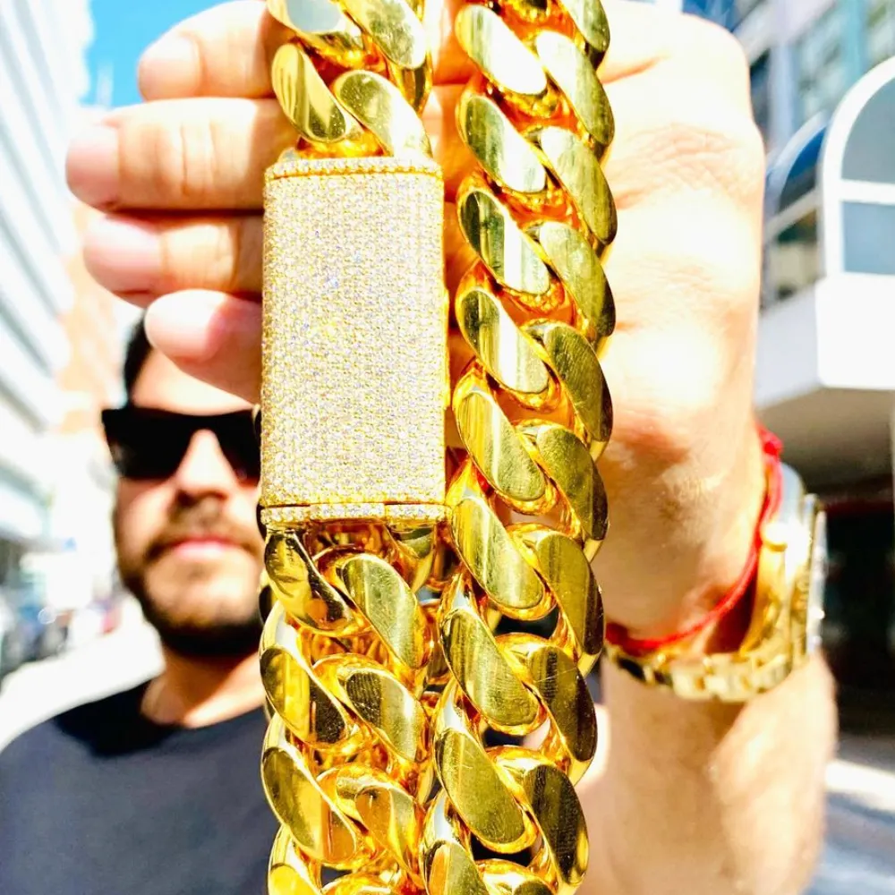 Gargantilla de oro de 18k, cadena de eslabones cubanos de oro de 24k, cadena de 20mm cubana de Miami, cadena cubana de Miami