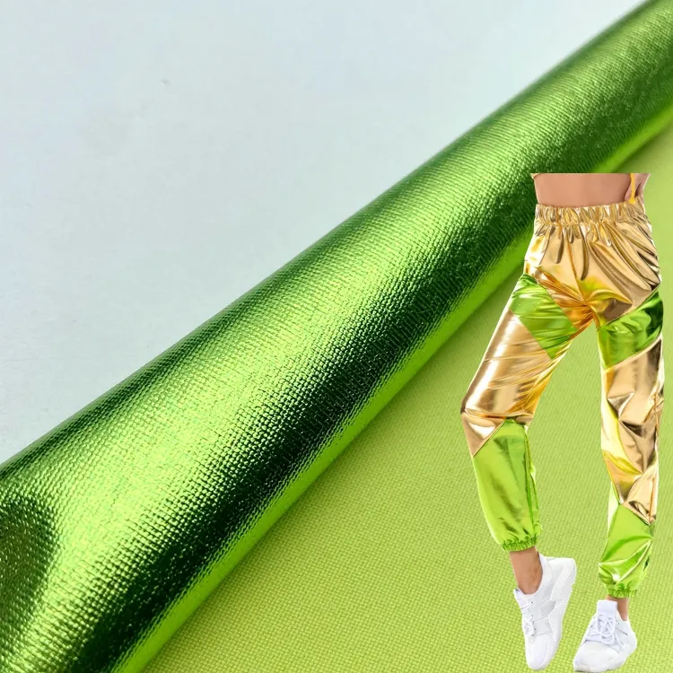 Shiny green custom 95 poliestere 5 spandex knit 4 way stretch foil print single jersey fabric per pantaloni dress