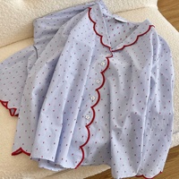 Damen Seersucker Pyjama-Set Langarm Knopfleiste mit Wellenrand Zweiteiliger Sommer-Loungewear Schlafanzug