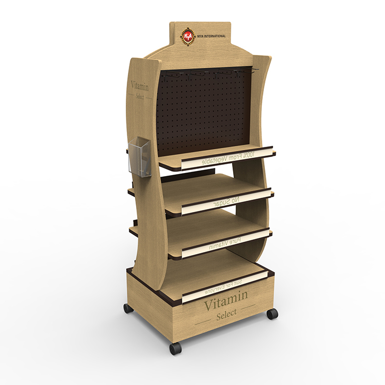 Hot Selling Wooden Supermarket Shelves Vitamin Display Stand with Casters Mobile Display Racks for Shop Display