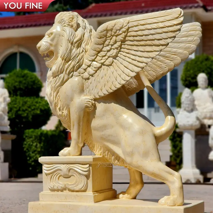 Tamanho de vida ao ar livre pedra natural leão de mármore com asas estátua escultura