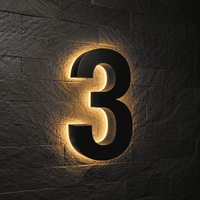 Numéro de maison personnalisé en acier inoxydable noir 3D avec halo LED rétroéclairé pour l'extérieur, numéro d'adresse pour hôtel, appartement, villa, mur