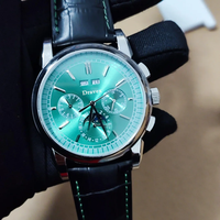 Jam Tangan Pria Sport Serbaguna Grosir Kristal Safir Tali Kulit Hijau Penunjuk Multifungsi Kalender Abadi Kronograf
