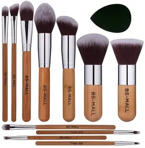 Grosir menyesuaikan sikat-Kuas Makeup Bambu Vegan 11PCS, Kuas Makeup Bambu BS-MALL Logo Kustom dengan Spons Rias