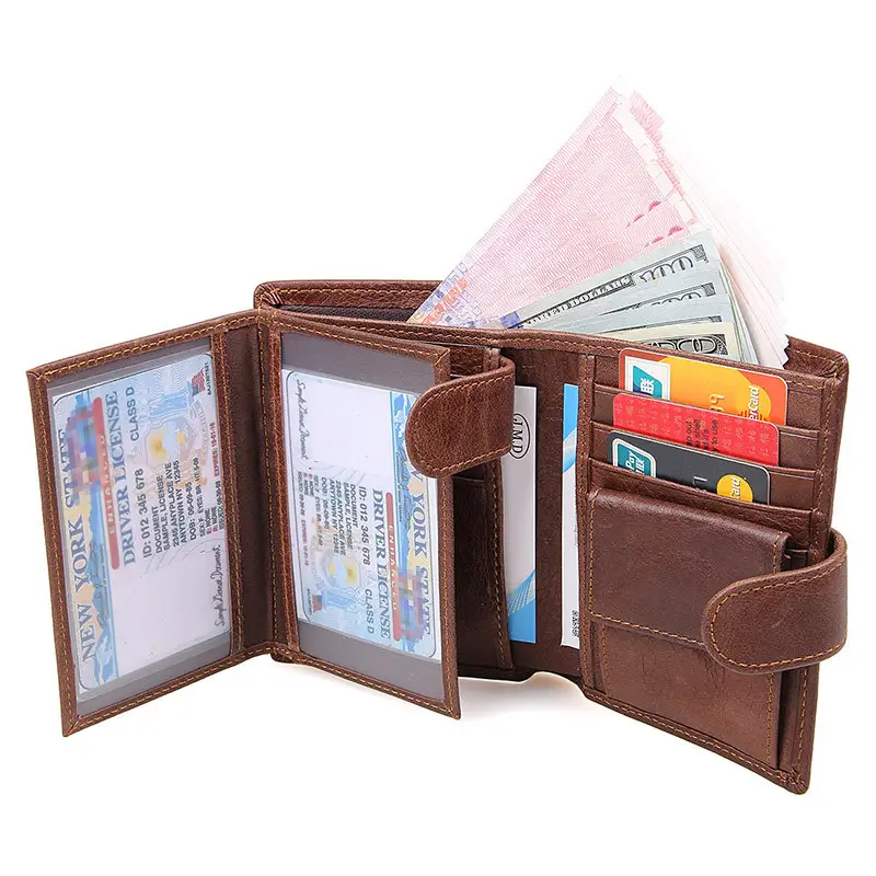 Boshiho hakiki deri üç kat cüzdan çok düğme ile kart tutucu erkekler cüzdan
