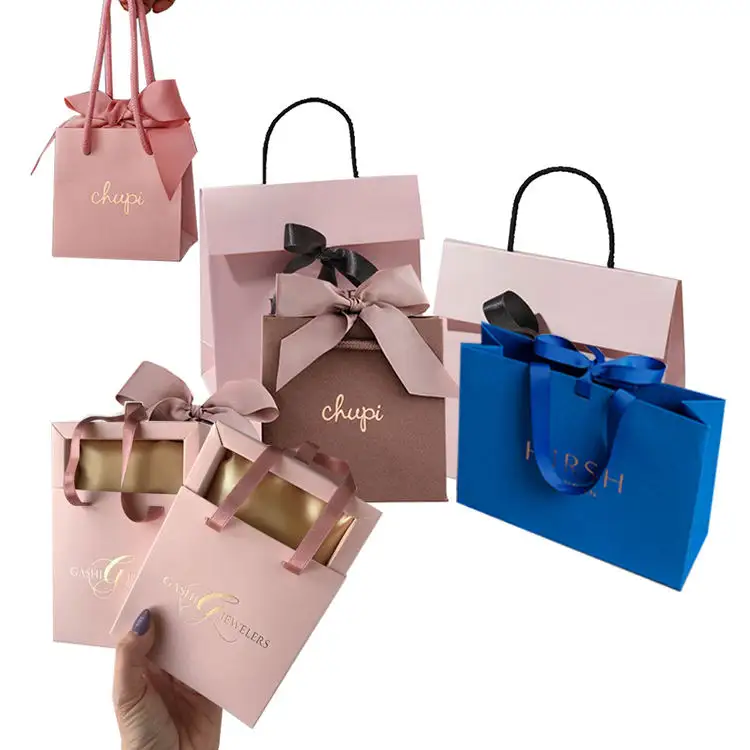 Custom Gold Pink Luxury Ribbon Jewelry Gift Carry Paper Bag Custom Logo Printed Large Red Paper Shopping Bag With Handle