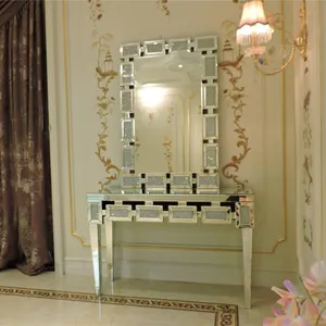 Yüksek kaliteli ezilmiş elmas oturma odası aynalı konsol masası dekor ile duvar aynası seti