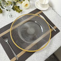 Assiette de présentation élégante pour mariage, 13 pouces, côtelée, transparente, avec bord doré, en plastique, pour service de table