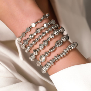 Irregular Geometric <b>Beaded</b> Elastic <b>Bracelet</b> Set Women's Party Jewelry 6 Piece Multi Layered Gold Silver Tone Fashion <b>Bracelets</b> - Product Image 2