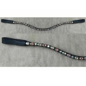 Impresionante Diadema de Cuero Negro para Caballo, Delgada, en Forma de U, Curvada, con una Hilera de Cristales, Marca LLT, Tamaño y Logotipo Personalizables - Product Image 1