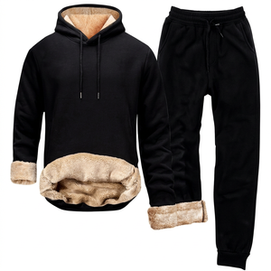 Conjunto Deportivo para Hombre, Sudadera con Capucha Negra, Forro Polar, Pantalones Casuales de Invierno, Manga Larga, Color Sólido, Cierre con Cordón - Product Image 1