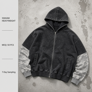 Sweat-shirt à capuche zippé surdimensionné pour homme, coton lourd 500 GSM, manches camouflage, streetwear décontracté - Product Image 1