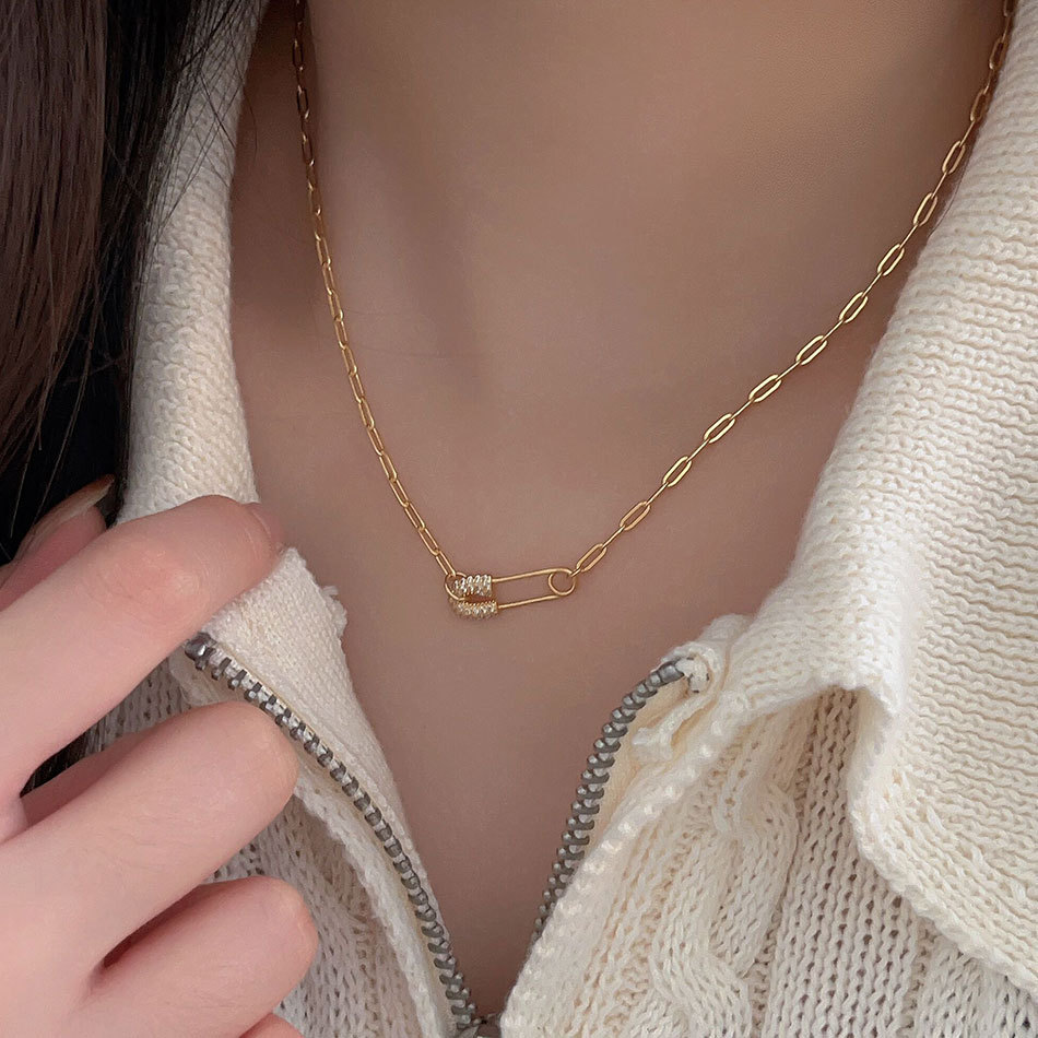 925 Sterling Silver Paperclip Safety Pin Pendant Necklace 925 Sterling Silver Gold Paperclip Necklace Pearl Dainty Choker Necklace main image 0