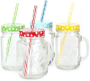 Bocal Mason en verre transparent personnalisé de 500ml 16oz avec poignée couvercle en métal et paille pour boire du jus d'<span class=keywords><strong>eau</strong></span> minérale - Product Image 2