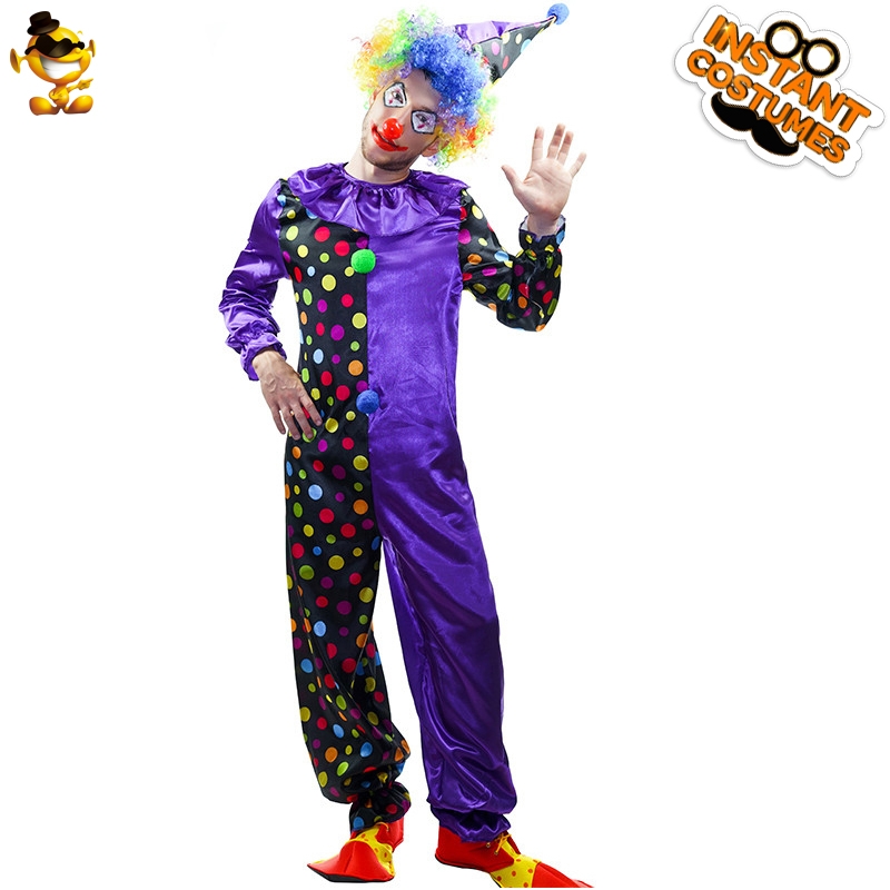 Adult Funny Dotted Purple Clown Jumpsuit Halloween Costume for Men - Ideal  Scary Clown Outfit for Parties and Events