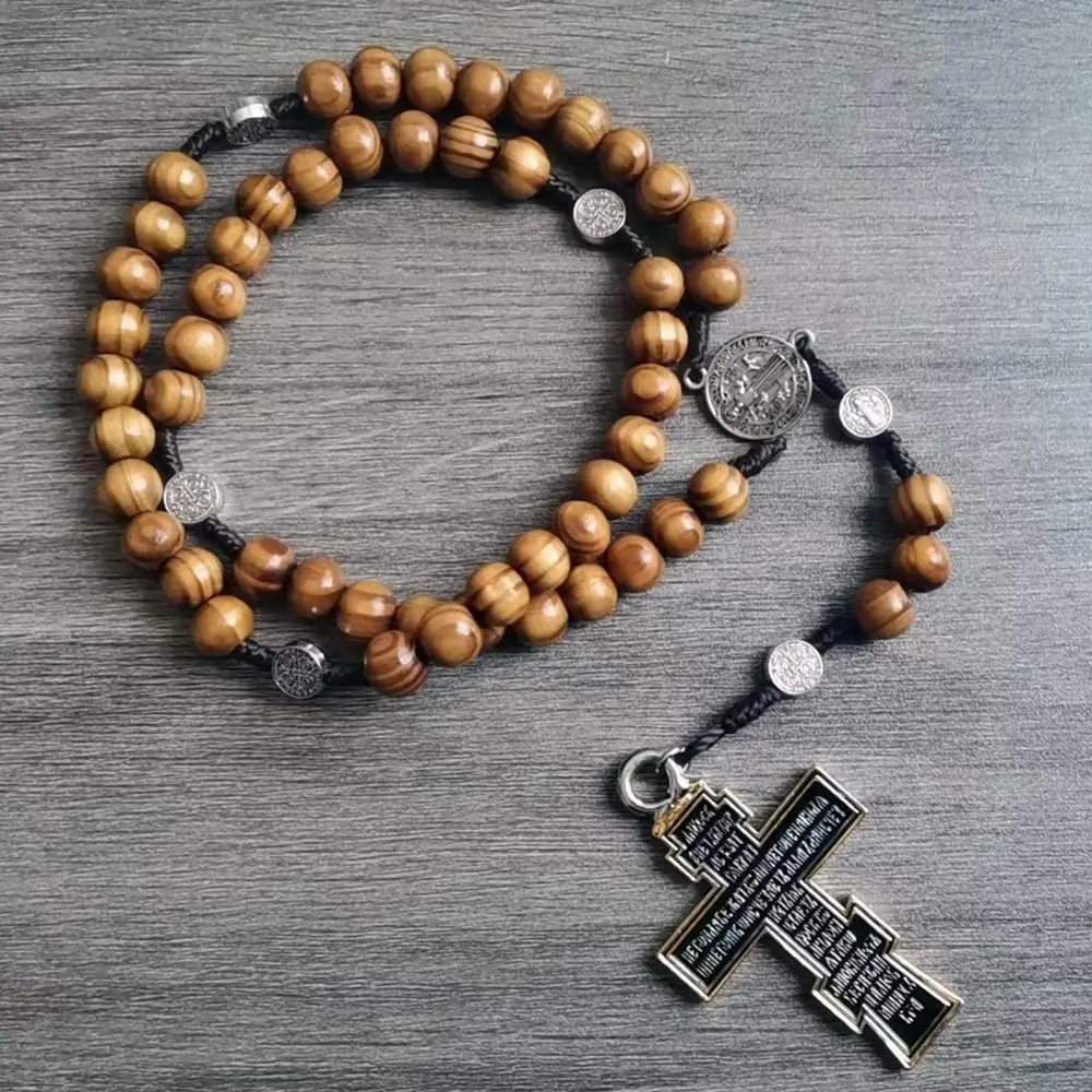 Collana con rosario della vergine maria con ciondolo croce di gesù cristo in lega di perline di legno retrò cattolico annodato a mano di moda