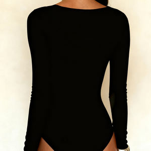 Body de Modal con Escote Profundo en V al por Mayor, Lencería Moldeadora Negra con Encaje, Catsuit Sexy de Manga Larga, Ropa Deportiva - Product Image 5