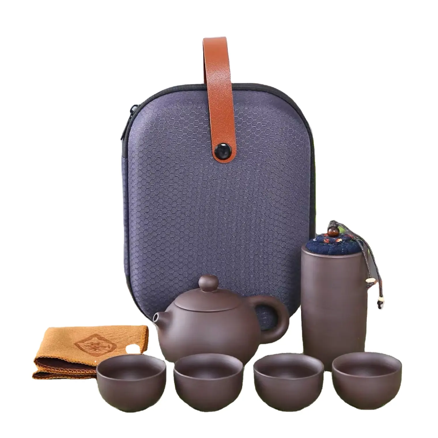 Custom individual logo Chinese purple sand portable travel tea gift sets with a purple clay teapot and 4 cups