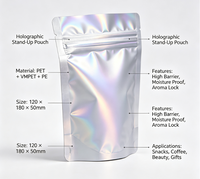 Sac en plastique holographique de qualité alimentaire, sac à fermeture éclair personnalisé avec effet laser arc-en-ciel, emballage pour en-cas et bonbons