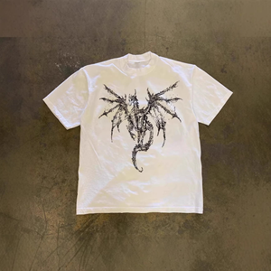 T-Shirt Unisex Oversize a Maniche Corte in Cotone Pesante 250gsm con Stampa Grafica di Drago Volante e Scheletro, Stile Y2K, Personalizzabile - Product Image 1