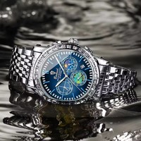 Jam Tangan Pria Binbond 8632 B8632 Mewah Dial Berlian Baja Anti Karat Gerakan Quartz Fase Bulan Bercahaya Tanggal untuk Pria