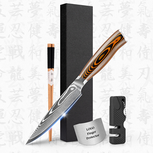 10% de descuento con logotipo personalizado, amarilla mango de madera, cuchillos para carne de <span class=keywords><strong>Damasco</strong></span> de 5 pulgadas, juego de cuchillos para carne martillada para AMZ - Product Image 1