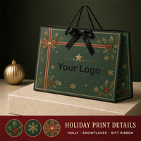 Sac cadeau en papier vert foncé pour Noël avec poignée en corde noire, imprimé doré pour les fêtes, logo personnalisé pour vêtements, vente en gros OEM