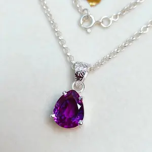 14/18 K Gold Purple Sapphire Teardrop Necklace Pear Cut lab grown Gemstones Pendant for Birthday Gifts